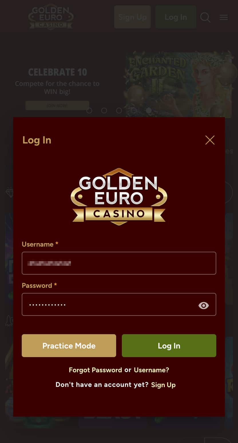 Entering account credentials into the Golden Euro Casino login page