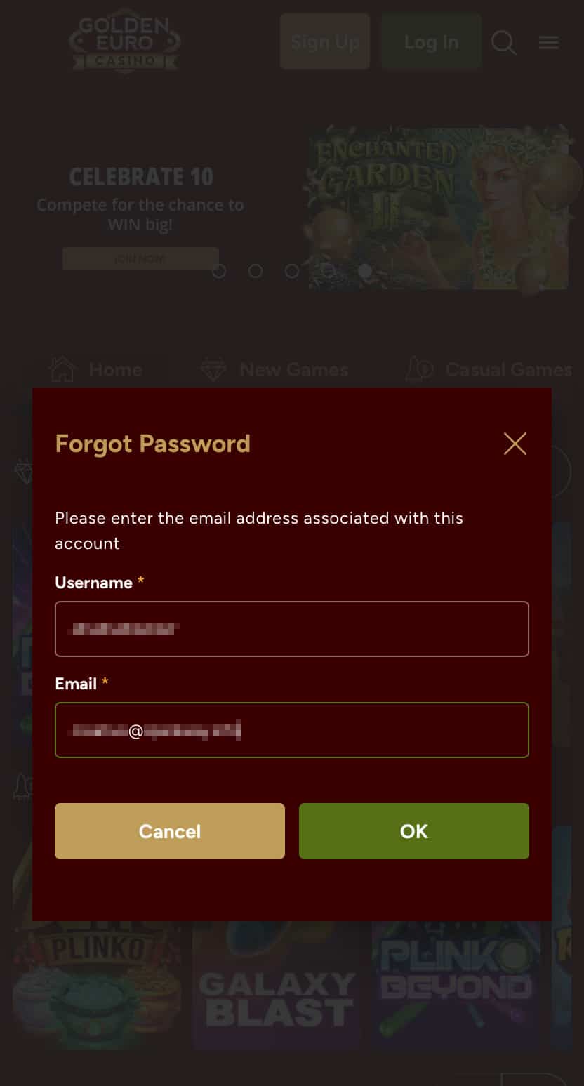 Golden Euro Casino forgot password recovery page